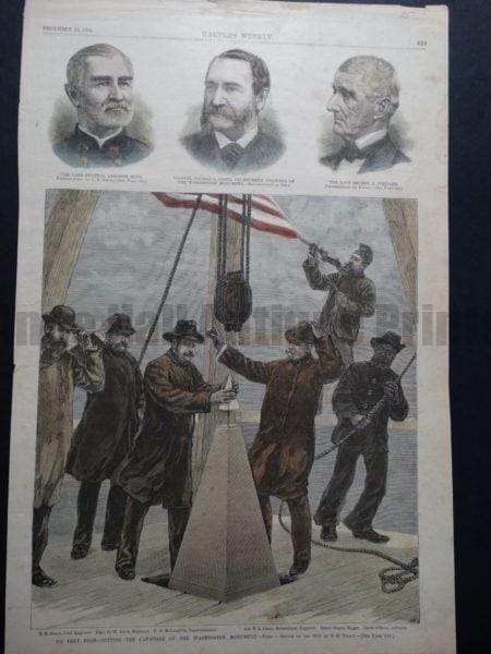 Hand Colored Wood Engraving from Harper's Weekly. 572ft High-Setting the Capstone at the Washington Monument. December 20, 1884.