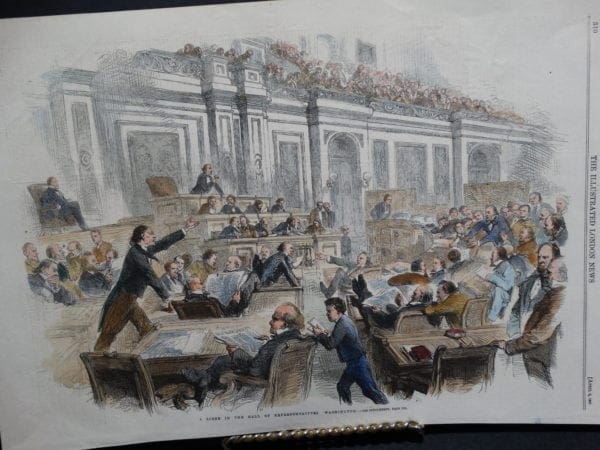 Hand Colored Wood Engraving from the Illustrated London News. A Scene in the Hall of Representatives Washington. April 6, 1861.  11x16" 