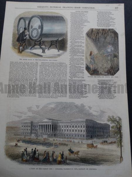 Hand Colored Wood Engraving by Gleason's Pictorial. A View of the Patent Office Building, Washington City. 1853.