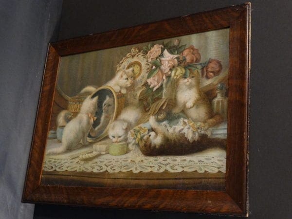 Arrolt Five Senses Cats. Antique Cat Chromolithograph by G. Arrolt, c.1885. Framed 20" x 27.5"