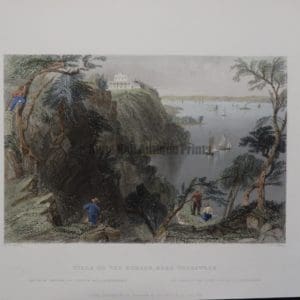 Bartlett Villa on the Hudson, Near Weehawken 26, is an original antique engraving, sourced American Scenery 1837. With watercolors.