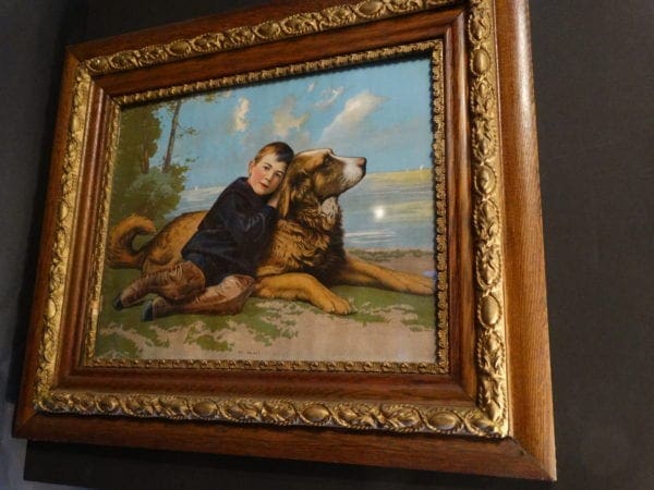 Dan and I, Framed Antique Dog print in stunning colors. German Chromolithograph c.1890.