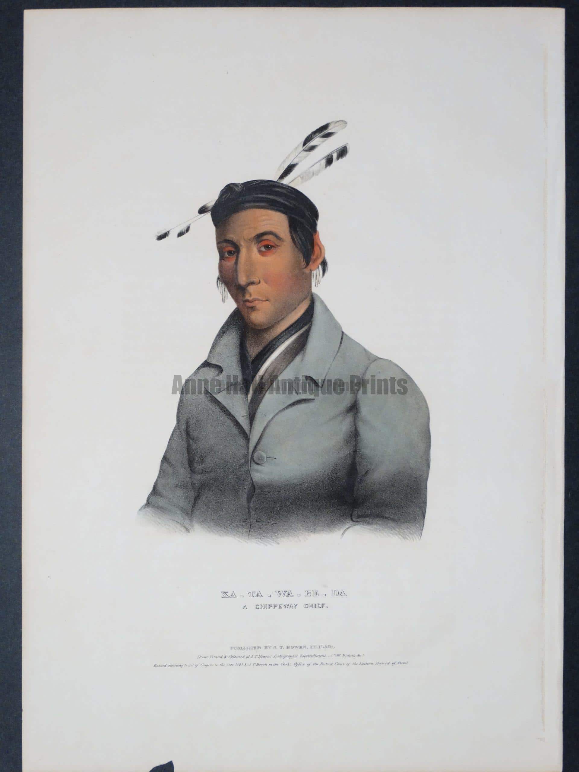 Ka-Ta-Wa-Ee-Da, a Chippeway Chief, folio McKenney and Hall, sourced from Indian Tribes of North America. 2 feathers, 2 feathers down.