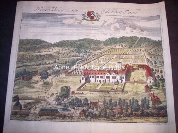 Hales Abbey is an early 18th century nobleman's estate in Great Britain showing vast landscaped gardens and Mansion or country home, by revered architect, Johannes Kip.