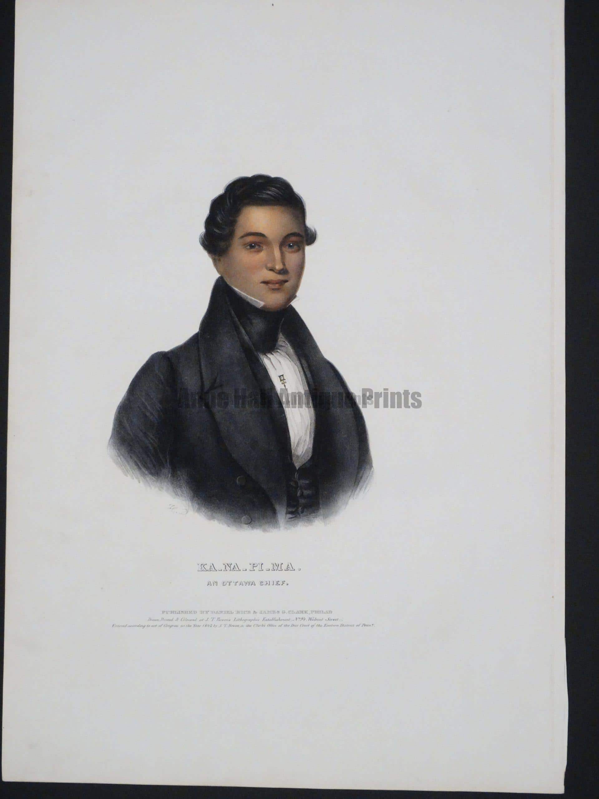 McKenney Hall Ka-Na-Pi-Ma, An Ottawa Chief, folio bookplate from 1832-1837.