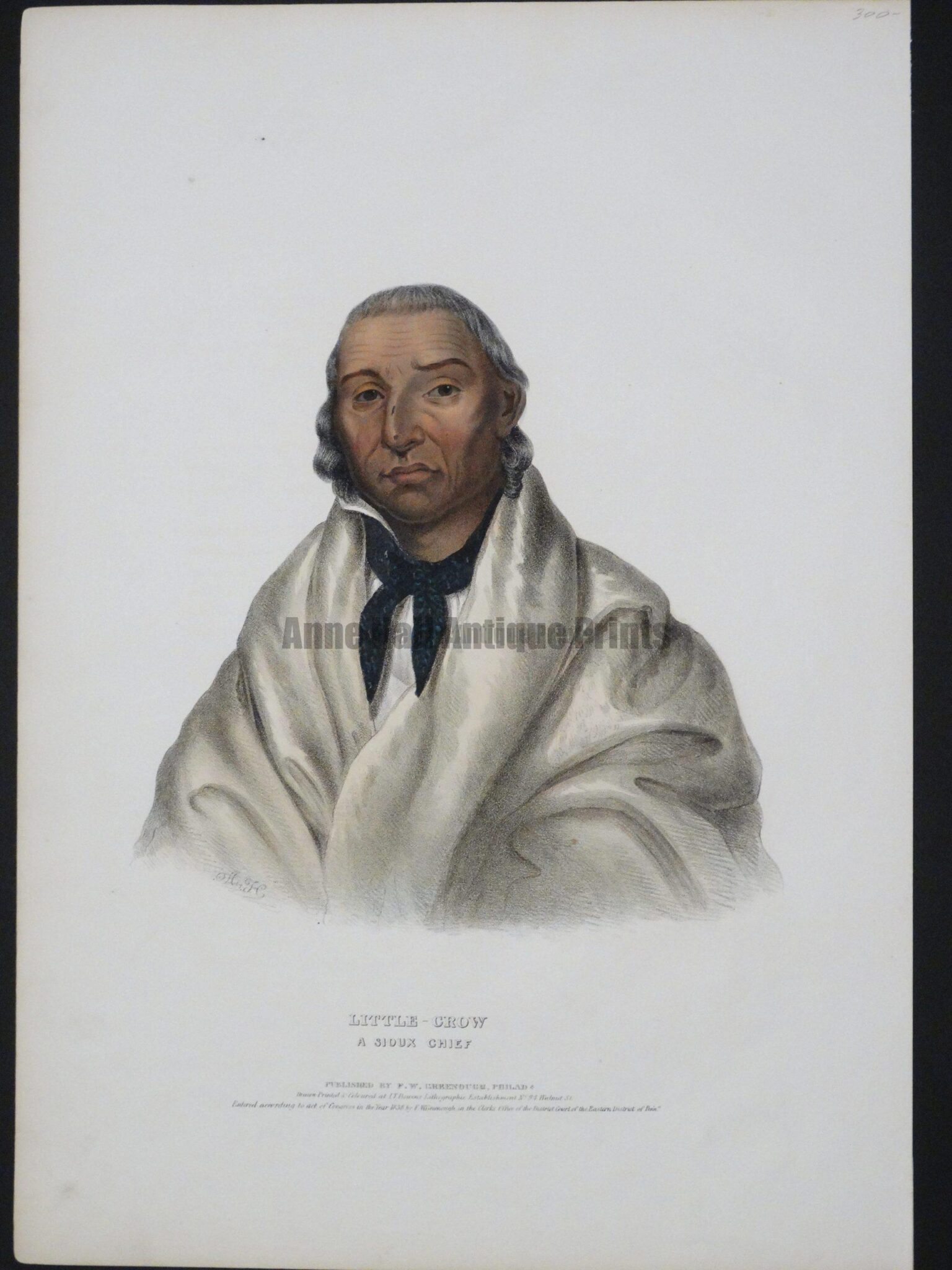 McKenney Hall, nearly 200 year old antique lithograph. Little-Crow is a Sioux Chief, a folio hand-colored lithograph, with American-Indian blanket.
