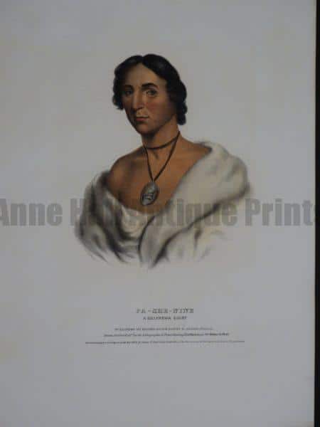Folio hand-colored lithograph, by McKenney-Hall. Pa-She-Nine, was a decorated Chippewa Chief, with blanket and medal.
