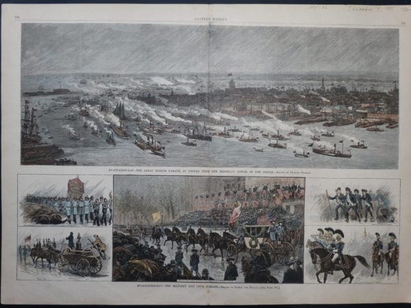19th century watercolor engraving of boats parading on the Hudson River and New York Bay, Lower Manhattan.