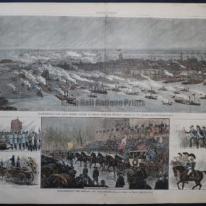 19th century watercolor engraving of boats parading on the Hudson River and New York Bay, Lower Manhattan.