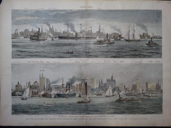 19th century scene of tall buildings in New York seen from busy New York Harbor.