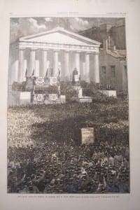 New York Stock Exchange watercolor engraving with crowd of stock traders and people to see the Preident of the United States.