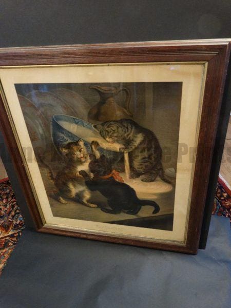 Peace at Home Cats, Antique Cat Chromolithograph entitled "Where Brawls Disturb the Street, There Should be Peace at Home." Chromolithograph Printed by L. Van Leer & Co. in Holland.