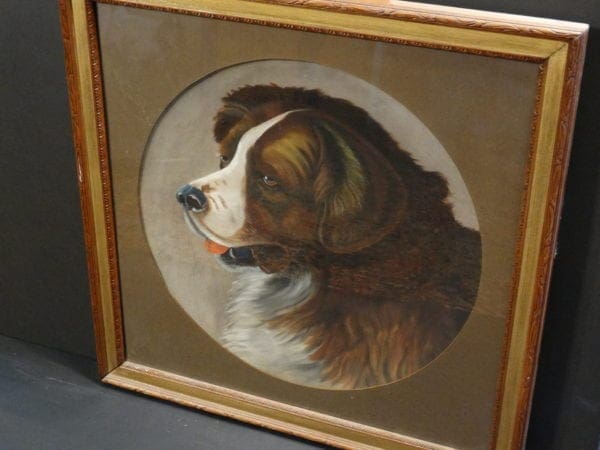St. Bernard Antique Painting on paper mache plaque of a St. Bernard head, of Baynard?