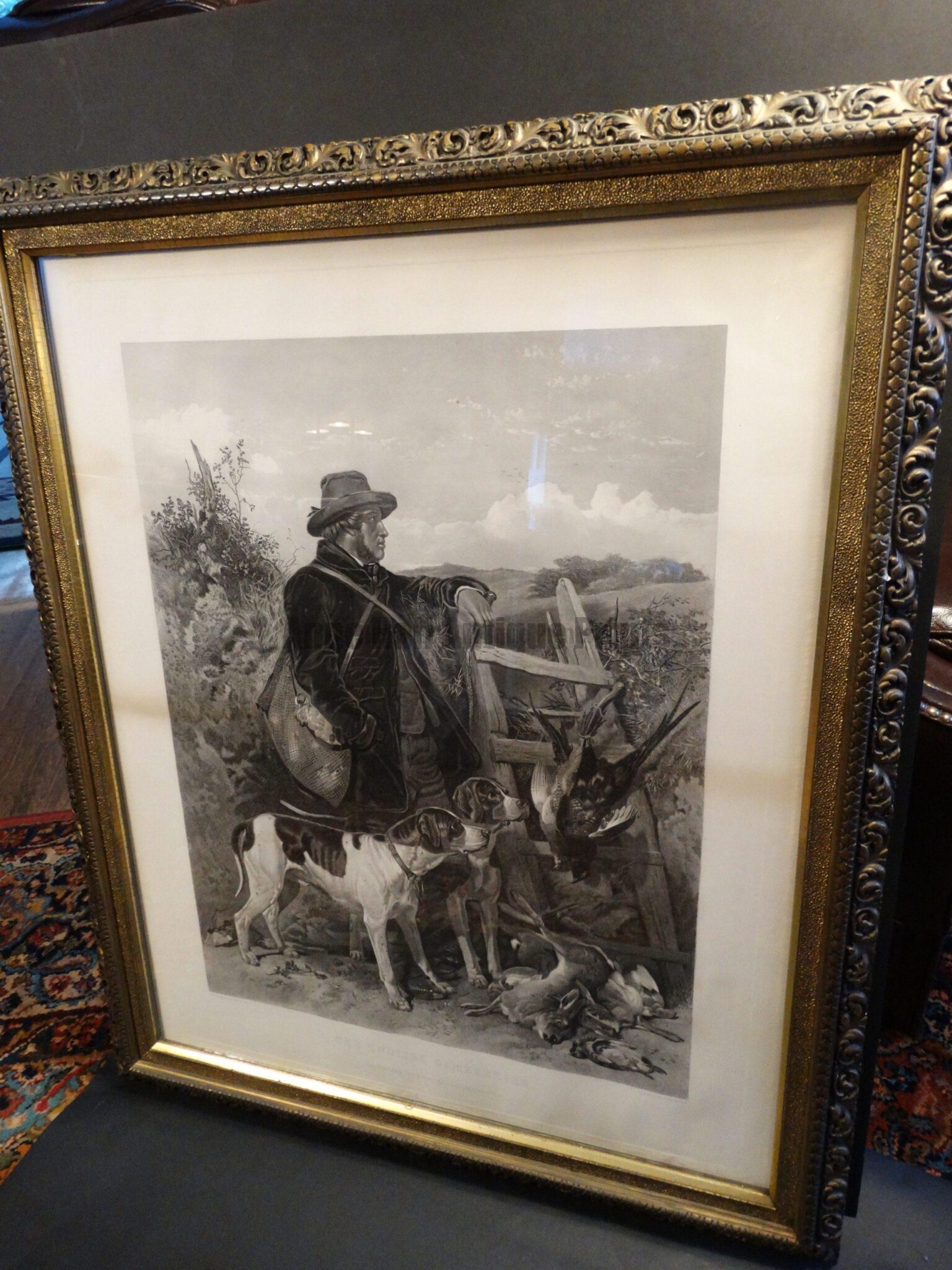 The English Game-Keeper. Steel plate engraving, painted by Richard Ansdellara, Engraved by F. Stackpoole. Framed, 30.5" x 37" Sold with the Scotch Game Keeper as a pair.
