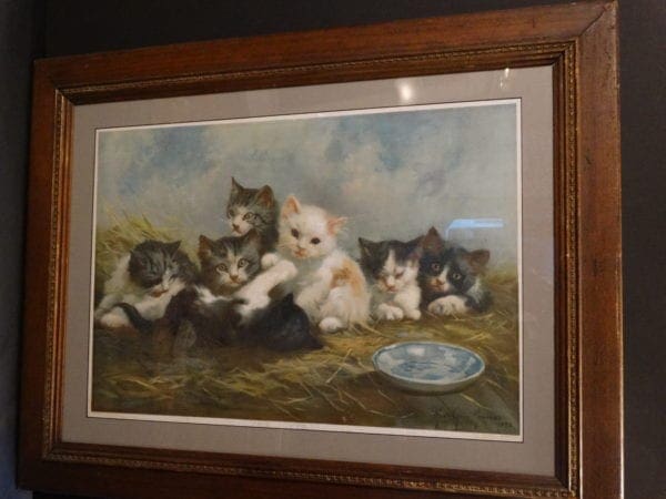 The Kittens Framed, Antique Cat Chromolithograph painted by Marie Cuise Newcomb, printed by Krapp Company, 1892.