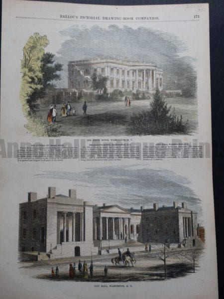 The White House Washington DC, City Hall. Hand Colored Wood Engraving from Ballou's Pictorial. March 17, 1855.  11" x 15" 