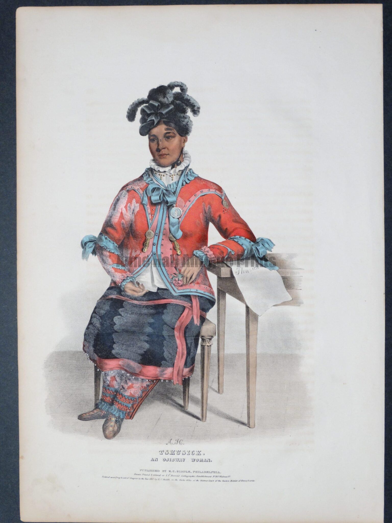 Tshusick, an Ojibway Woman, this is an original bookplate, by McKenney and Hall, for Indian Tribes of North America. Published by E.C. Biddle, Philidelphia Printed & Coloured at LT Bowen's Lithographic Establishment Number 94 Walnut St Entered according to act of Congress in the Year 1837 by E.C. Biddle in the Clerks Office of the District Court of the Eastern District of Pennsylvania.