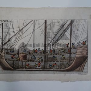 Wilhelm Whales T.LXXIL is a sourced bookplate from 1810-1821. The miniature, eighteenth century engraving, depicts interior of a whaling ship & refinery.