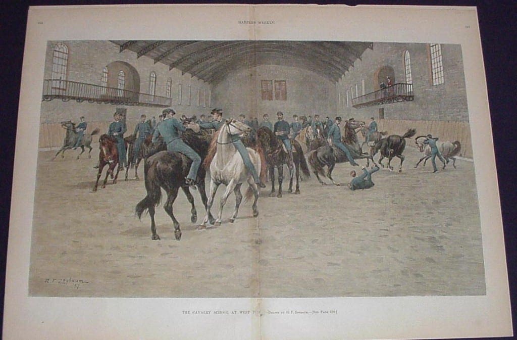 Horseback training "Calvary School at West Point" original engraving from Harper's Weekly by Zogbaum.