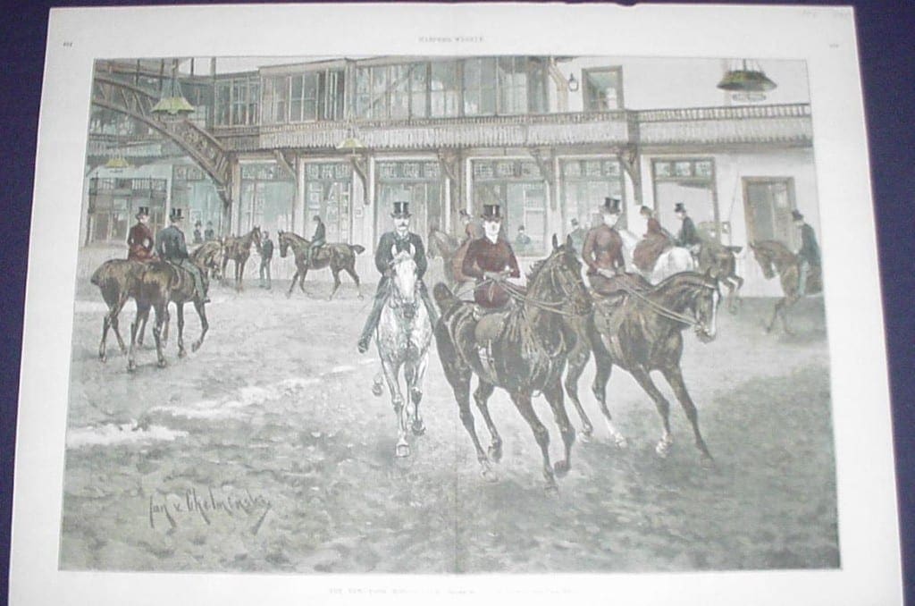 Watercolor halftone from c.1900 of women on horseback riding sidesaddle.